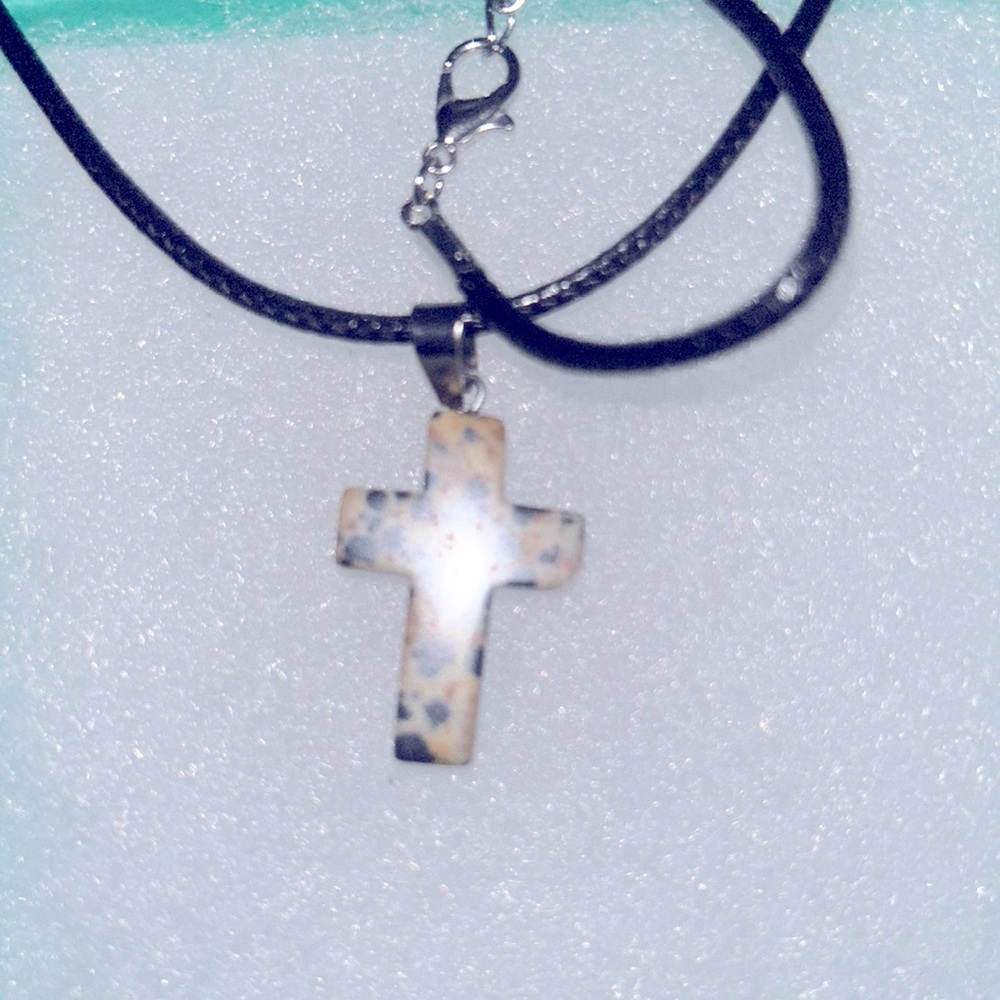 Boho hippie Dalmatian Jasper Cross on Black Cord 18-20” Necklace